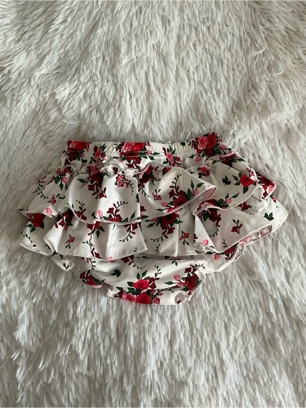 Floral Ruffle Baby Diaper Cover Bloomers - White with Red Flowers